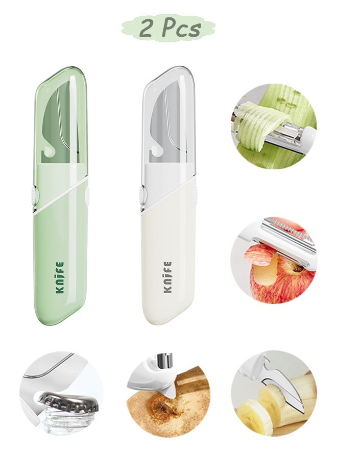 Quantum 2 Pcs 5-in-1 Multifunctional Fruit Knife & Peeler Set - Portable Kitchen Tool - Multifunctional Double Sided Paring Cutting Knifes for Peeling Slicing Coring and Opening Bottles (White + Green) - Image 1