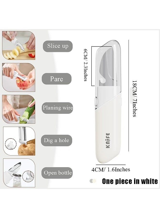 Quantum 2 Pcs 5-in-1 Multifunctional Fruit Knife & Peeler Set - Portable Kitchen Tool - Multifunctional Double Sided Paring Cutting Knifes for Peeling Slicing Coring and Opening Bottles (White + Green) - Image 2