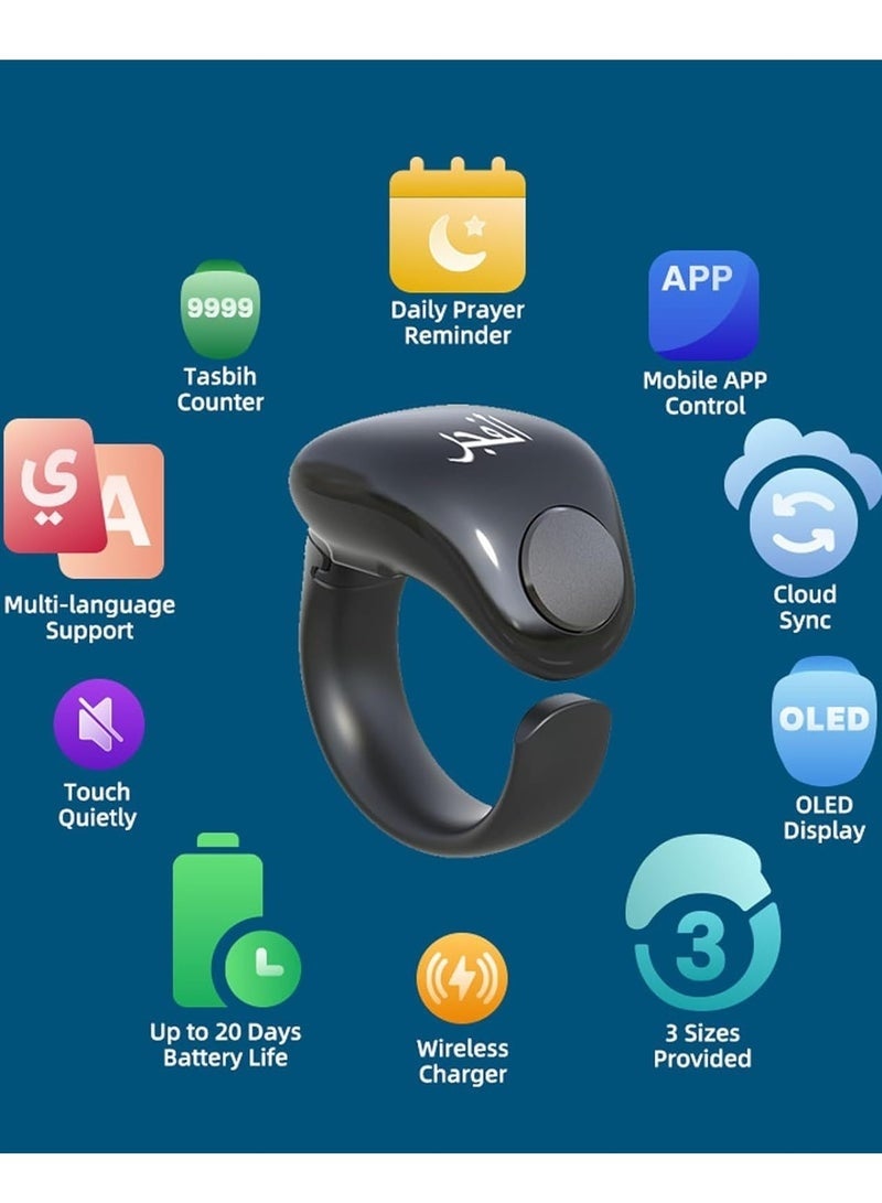WESLAMIC Smart Tasbih Zikr Praise Ring Digital Finger Counter with OLED Display, APP Support, Prayer Reminder, Waterproof Wireless Charging Adjustable Ring 5 Sizes for Muslims - Image 2