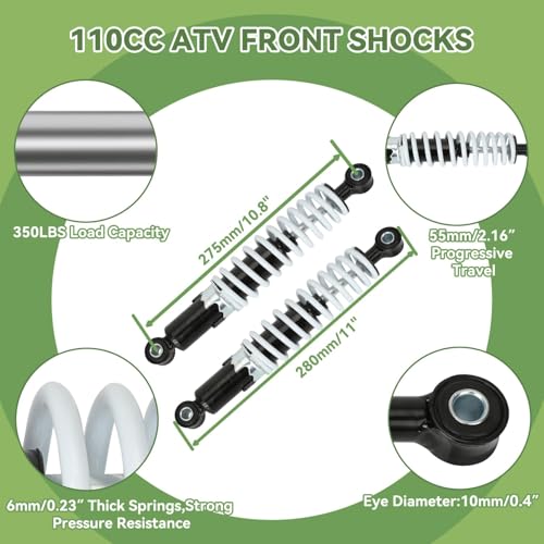 XIKOBY 10" 11" Front Shock Absorbers Kit Compatible with 125cc 110cc Tao tao Coolster ATV Chinese Quad 4 Wheeler, 275mm Shock for 50cc 70cc 90cc Kazuma SunL Go Kart Suspension Parts with Shock Covers - Image 2