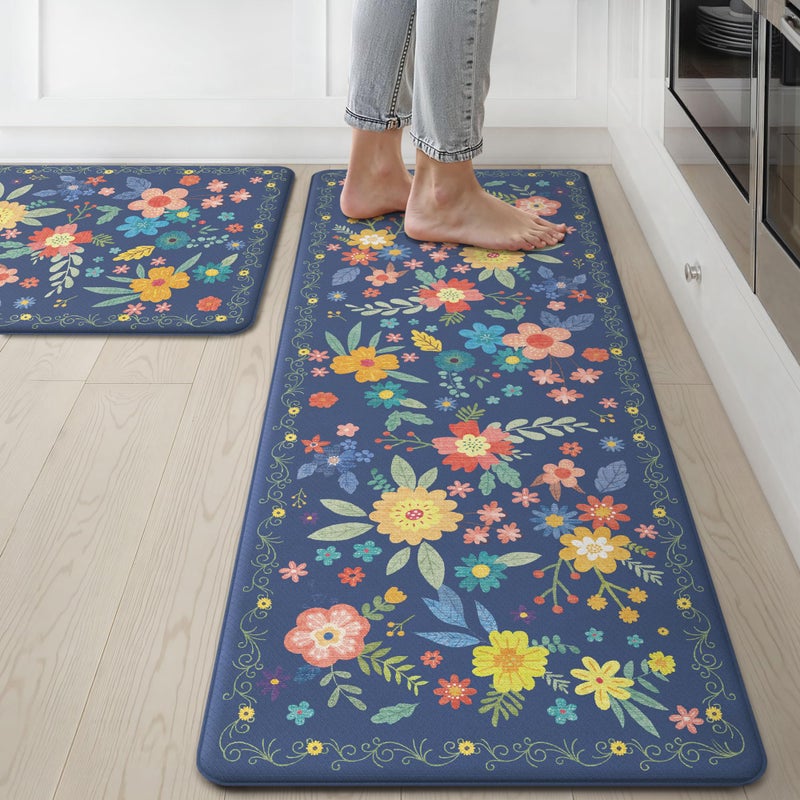 GENIMO Kitchen Mats for Floor 2PCS, Cushioned Kitchen Rugs Non Slip Washable, Farmhouse Anti Fatigue Mat Waterproof, Comfort Standing Mat Rug for Office, Home, Laundry, 17.3"x47"+17.3"x30", Navy - Image 1