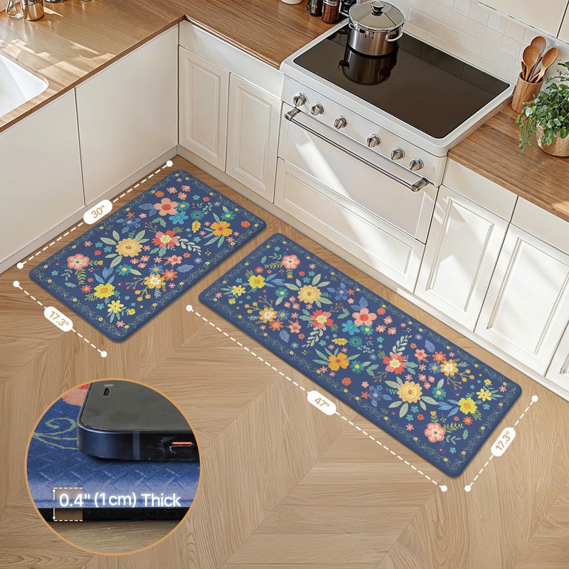 GENIMO Kitchen Mats for Floor 2PCS, Cushioned Kitchen Rugs Non Slip Washable, Farmhouse Anti Fatigue Mat Waterproof, Comfort Standing Mat Rug for Office, Home, Laundry, 17.3"x47"+17.3"x30", Navy - Image 2