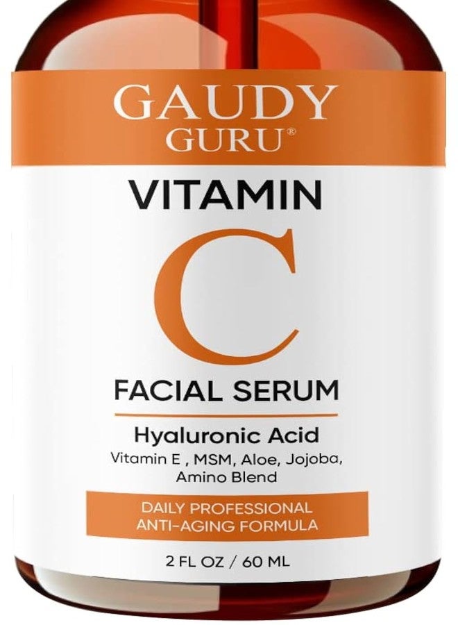 Gaudy Guru 100% PURE VITAMIN C SERUM FOR FACE, Anti Aging Serum with Hyaluronic Acid, Vitamin E, MSM, Aloe Vera, Jojoba Oil, Amino Blend, Hydrating Serum for Dark Spots, Fine Lines and Wrinkles, Skin Repair, Pore Clearing, Acne Scars, Organic Vegan Ingredients - DOUBLE SIZED (2 OZ) - Image 1
