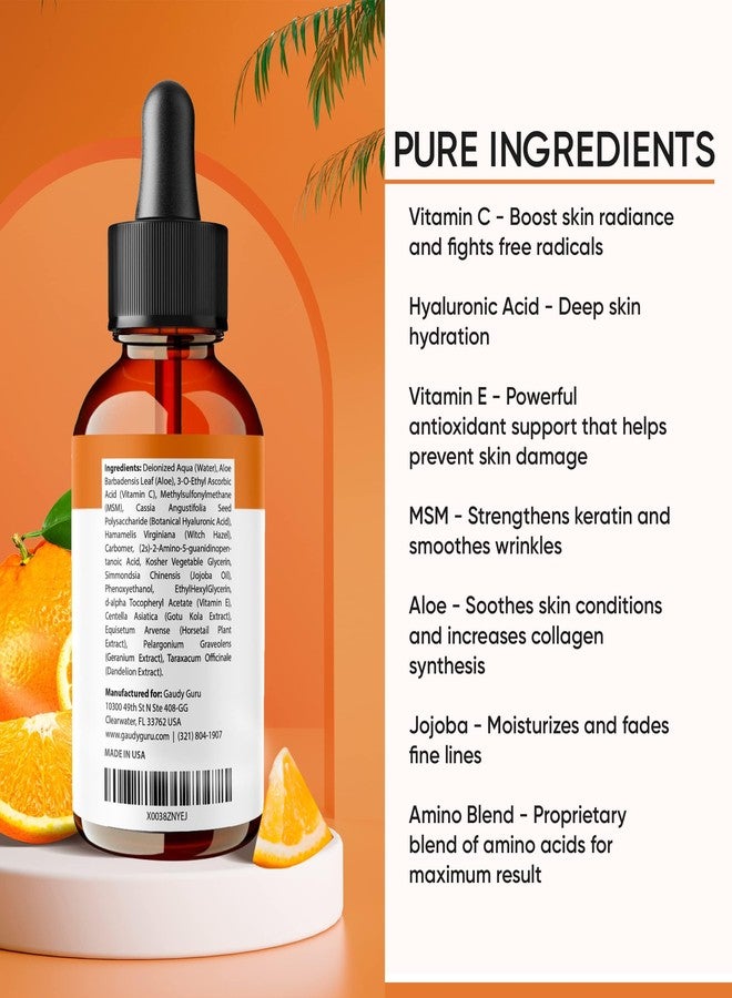 Gaudy Guru 100% PURE VITAMIN C SERUM FOR FACE, Anti Aging Serum with Hyaluronic Acid, Vitamin E, MSM, Aloe Vera, Jojoba Oil, Amino Blend, Hydrating Serum for Dark Spots, Fine Lines and Wrinkles, Skin Repair, Pore Clearing, Acne Scars, Organic Vegan Ingredients - DOUBLE SIZED (2 OZ) - Image 3