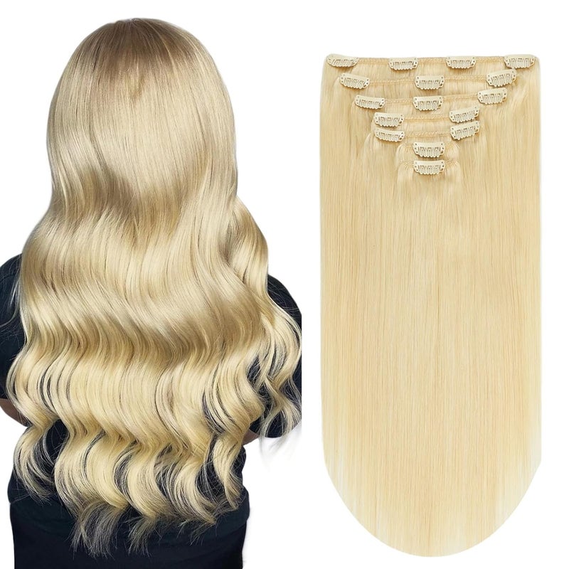 MIFIL Hair Extensions Clip in Real Human Hair 14 inch Bleach Blonde Clip in Hair Extensions 105g Straight Thick Double Weft Natural Human Hair Extensions for Women (14inch,7pcs, 105g)