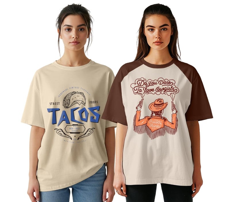 JUNEBERRY® Pack of 2, 100% Pure Cotton, Round Neck, Oversized, Loose, Baggy Fit, Drop Shoulder, Graphic Printed, Half Sleeve T-Shirts for Women & Girls, Size XXL, Colours Swan White & BrownSW - Image 1