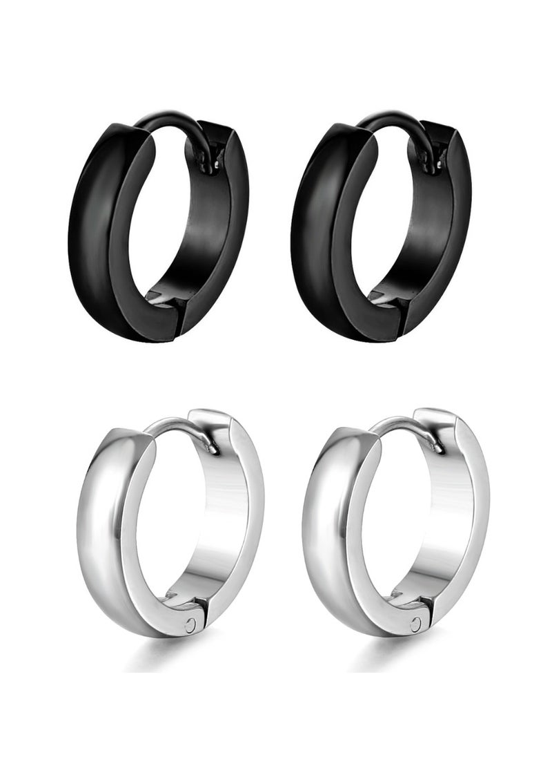 Generic 2-Pair Curved Titanium Steel Hoop Earrings – Black & Silver | Premium Hypoallergenic Huggie Hoops for Men & Women, Nickel-Free, Lightweight, Rust-Resistant Earrings for Casual and Formal Wear  - Image 1