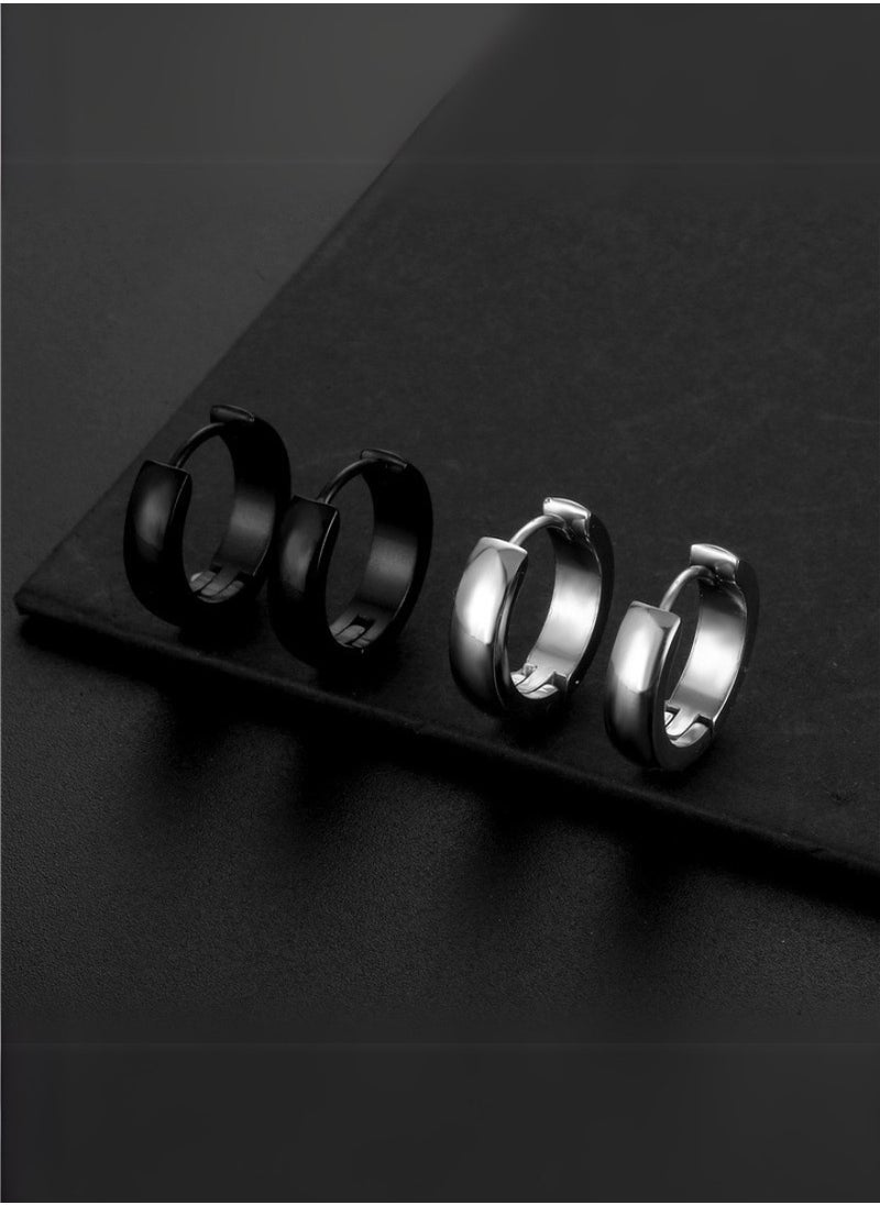 Generic 2-Pair Curved Titanium Steel Hoop Earrings – Black & Silver | Premium Hypoallergenic Huggie Hoops for Men & Women, Nickel-Free, Lightweight, Rust-Resistant Earrings for Casual and Formal Wear  - Image 2