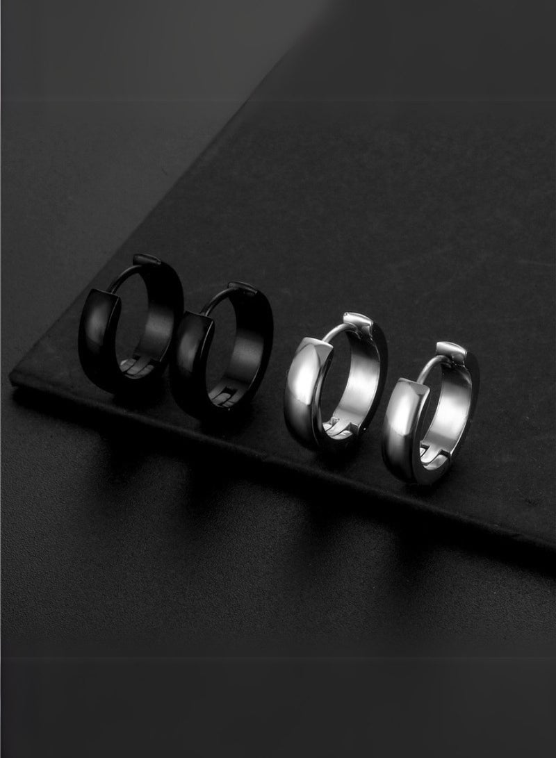 2-Pair Curved Titanium Steel Hoop Earrings – Black & Silver | Premium Hypoallergenic Huggie Hoops for Men & Women, Nickel-Free, Lightweight, Rust-Resistant Earrings for Casual and Formal Wear - Image 1