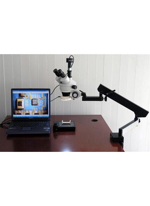 AmScope AmScope SM6TZFRL8M Digital Professional Trinocular Stereo Zoom Microscope WH10x Eyepieces 35X90X Magnification 07X45X Zoom Objective 8W Fluorescent Ring Light Clamping Articulating Arm Stand 110V120V Includes 05X and 20X Barlow Lenses and 8MP Camera with Reduction Lens and Software  - Image 1