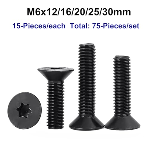 HanTof 75Pcs Flat Head Torx Drive Screws Bolts, Grade 10.9 Alloy Steel, M6 x 12/16/20/25/30mm CSK Head Star Drive Machine Screws Set with T30 Wrench, Black Oxide Finish, Fully Threaded Pitch : 1.0 mm - Image 5