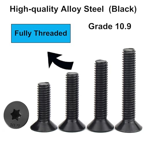 HanTof 75Pcs Flat Head Torx Drive Screws Bolts, Grade 10.9 Alloy Steel, M6 x 12/16/20/25/30mm CSK Head Star Drive Machine Screws Set with T30 Wrench, Black Oxide Finish, Fully Threaded Pitch : 1.0 mm - Image 4
