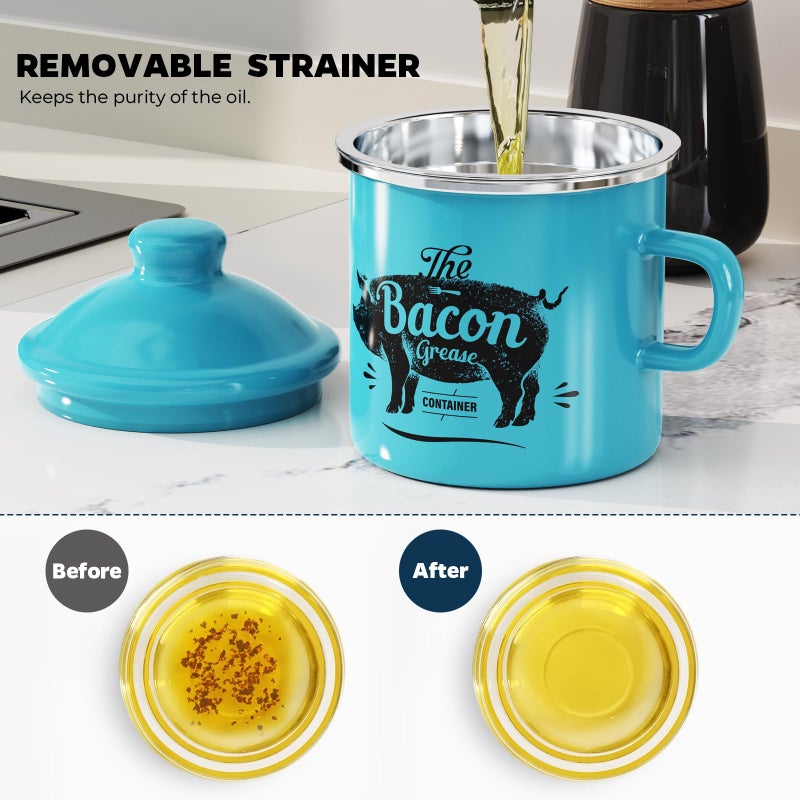 PGYARD Mini Bacon Grease Container With Strainer - 15OZ Enamel Grease Saver, Farmhouse Bacon Grease Keeper For Kitchen Fat Storage, Dishwasher Safe-Light Blue - Image 4