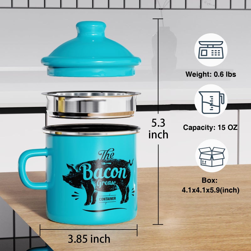PGYARD Mini Bacon Grease Container With Strainer - 15OZ Enamel Grease Saver, Farmhouse Bacon Grease Keeper For Kitchen Fat Storage, Dishwasher Safe-Light Blue - Image 2