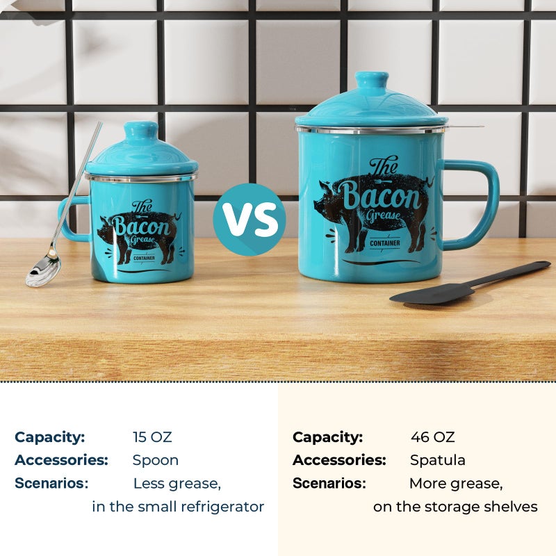 PGYARD Mini Bacon Grease Container With Strainer - 15OZ Enamel Grease Saver, Farmhouse Bacon Grease Keeper For Kitchen Fat Storage, Dishwasher Safe-Light Blue - Image 3