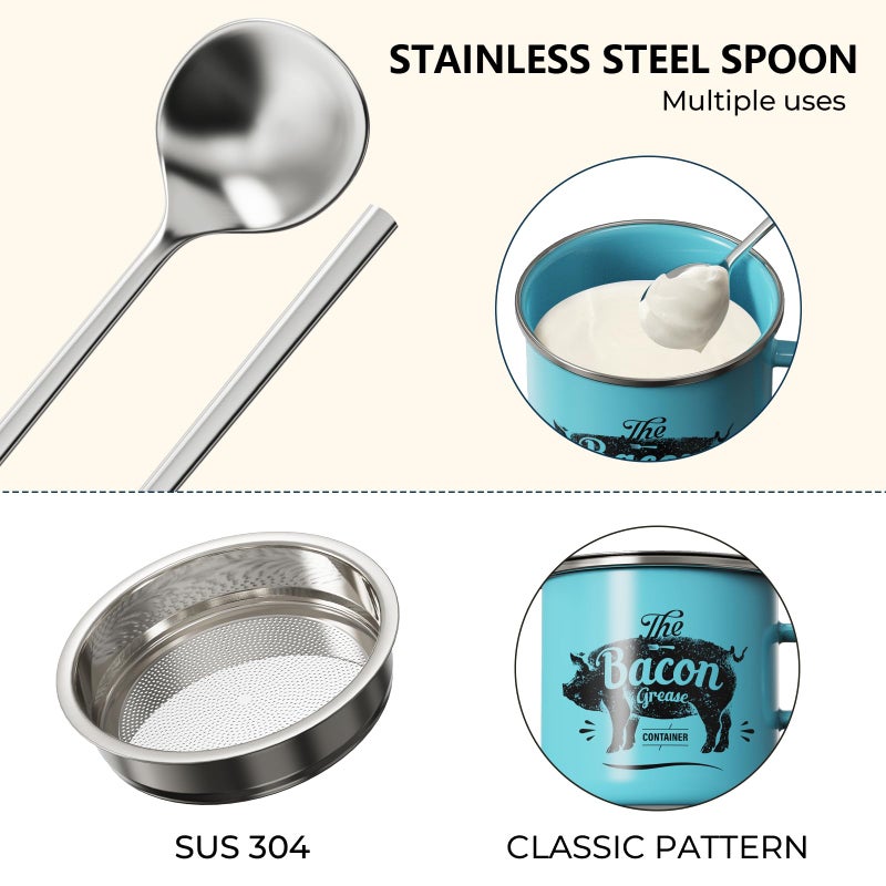 PGYARD Mini Bacon Grease Container With Strainer - 15OZ Enamel Grease Saver, Farmhouse Bacon Grease Keeper For Kitchen Fat Storage, Dishwasher Safe-Light Blue - Image 5