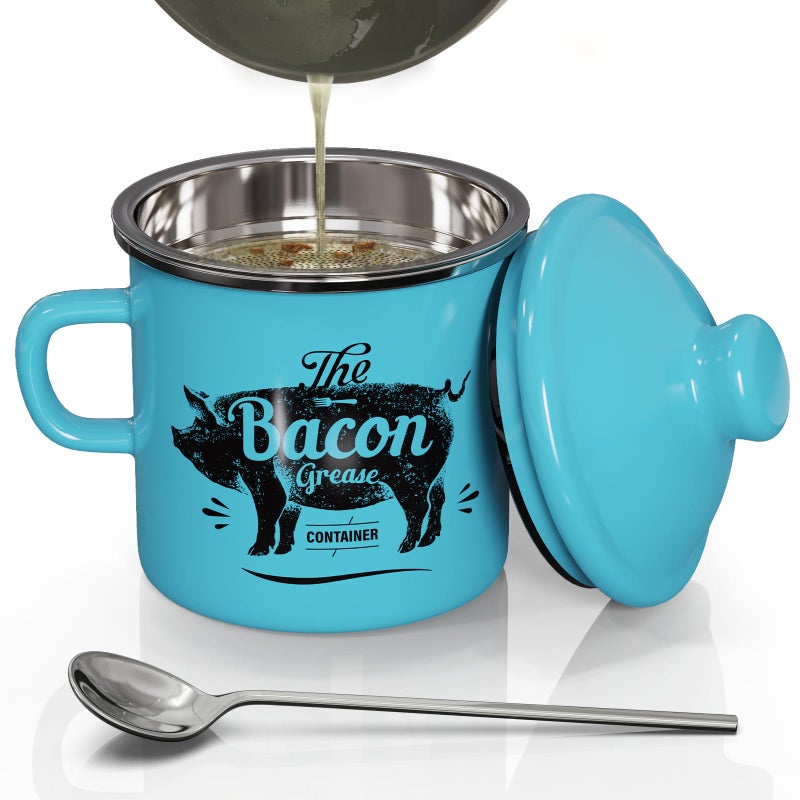 PGYARD Mini Bacon Grease Container With Strainer - 15OZ Enamel Grease Saver, Farmhouse Bacon Grease Keeper For Kitchen Fat Storage, Dishwasher Safe-Light Blue - Image 1