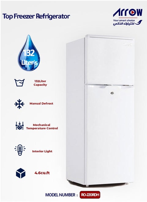 132L Top Freezer Refrigerator, 4.6 Cu. Ft. Capacity with Mechanical Temperature Control, Manual Defrost, Transparent Door Rack, Adjustable Legs, and Normal Ice Maker | White, Model No: RO-220RDH