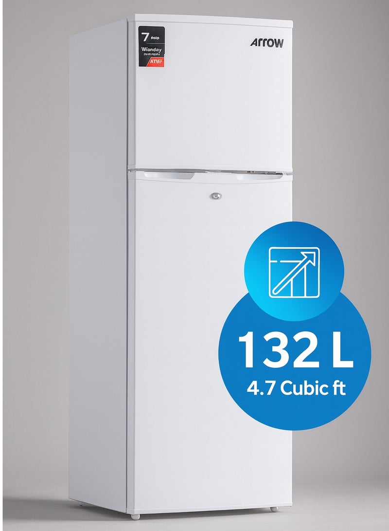 ارو ثلاجة ببابين سعة 132 لترًا، سعة 4.7 قدم مكعب، بدون تجميد، أرجل قابلة للتعديل، قفل أمان، ضوضاء منخفضة، موفرة للطاقة، رف زجاجي، مصباح داخلي، مساحة إضافية ونضارة تدوم طويلًا، ضاغط صامت وموفر للطاقة (ضمان المنتج لمدة عامين وضمان الضاغط لمدة 7 سنوات) - Image 1