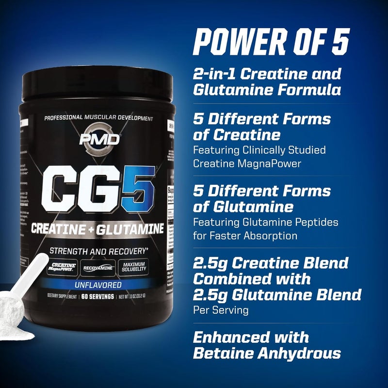 PMD PMD Sports CG5 Premium Creatine  L Glutamine Powder Power Recovery Build Lean Muscle Increase Workout Performance Maximum Strength Pre Workout  Post Workout Unflavored 60 Servings - Image 5