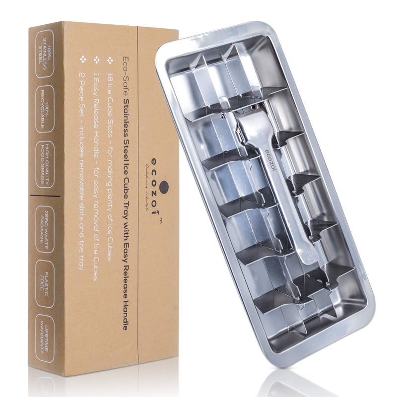 ecozoi Stainless Steel Metal Ice Cube Tray with Easy Release Handle  18 Ice Cube Slots  Removable Slots for Easy Ice Cube Removal and Cleaning  Sustainable Eco Friendly Zero Waste Plastic Free