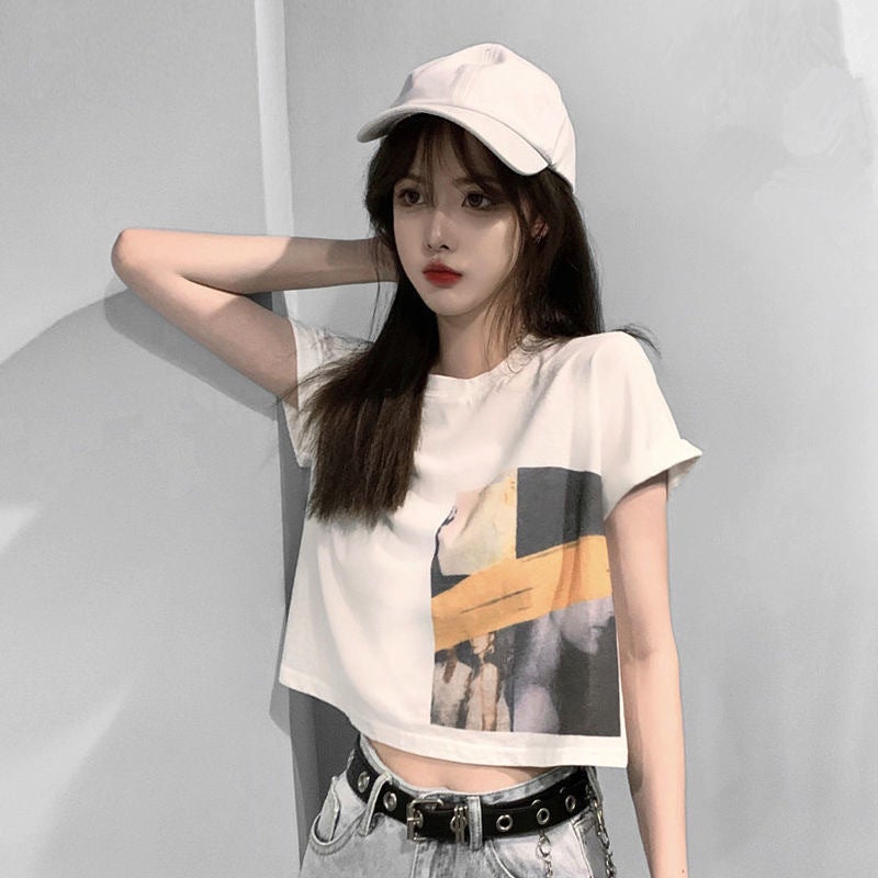 Short-sleeved T-shirt women's top short student Korean version of loose 2025 summer new heart-to-heart revealing ins tide wholesale - Image 3
