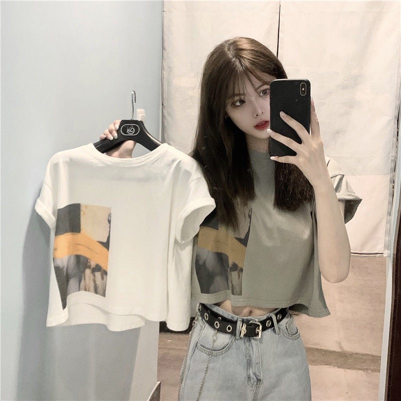 Short-sleeved T-shirt women's top short student Korean version of loose 2025 summer new heart-to-heart revealing ins tide wholesale - Image 2