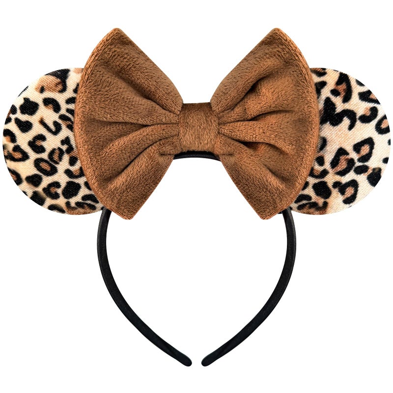 Bmobuo Leopard Print Mouse Ears Headband for Women, Brown Fuzzy Bows Park Ears, Cute Christmas Hairband