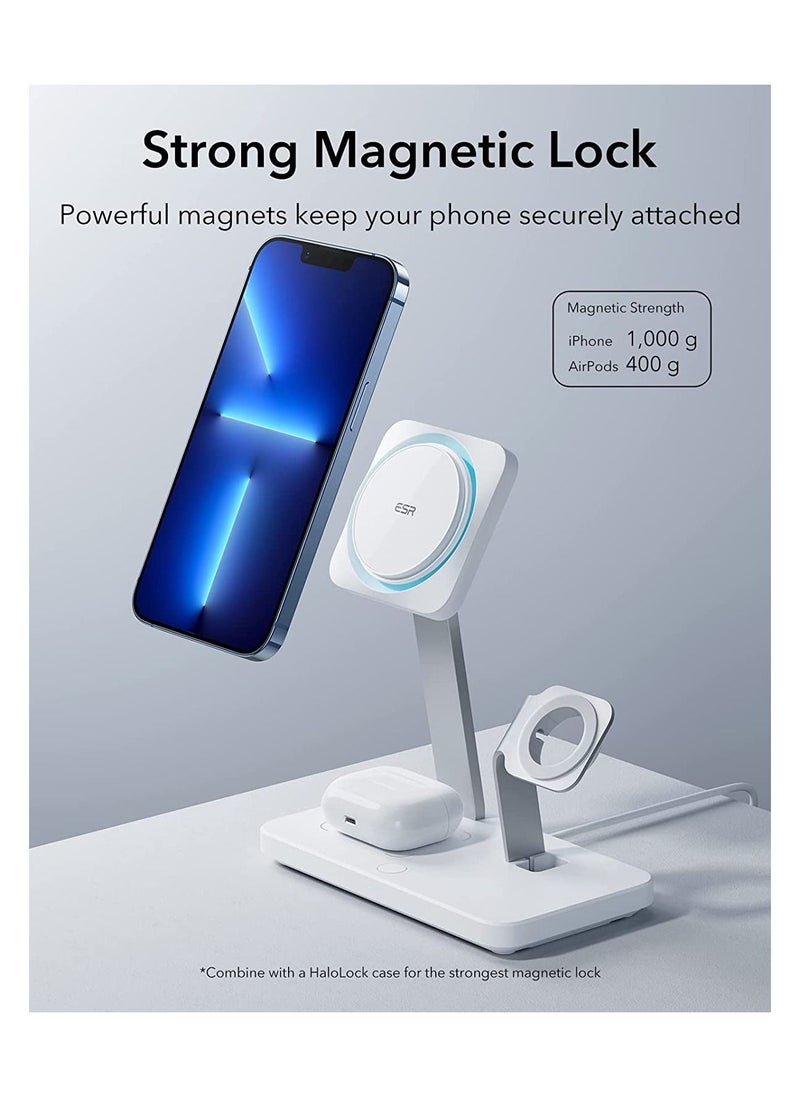 ESR - ESR HaloLock 3-in-1 Wireless Charger with CryoBoost, Compatible with MagSafe Charger Stand, Phone-Cooling Fast Charging Compatible with iPhone 14/13/12, AirPods Pro/3/2, with Adapter, Arctic White - Image 1