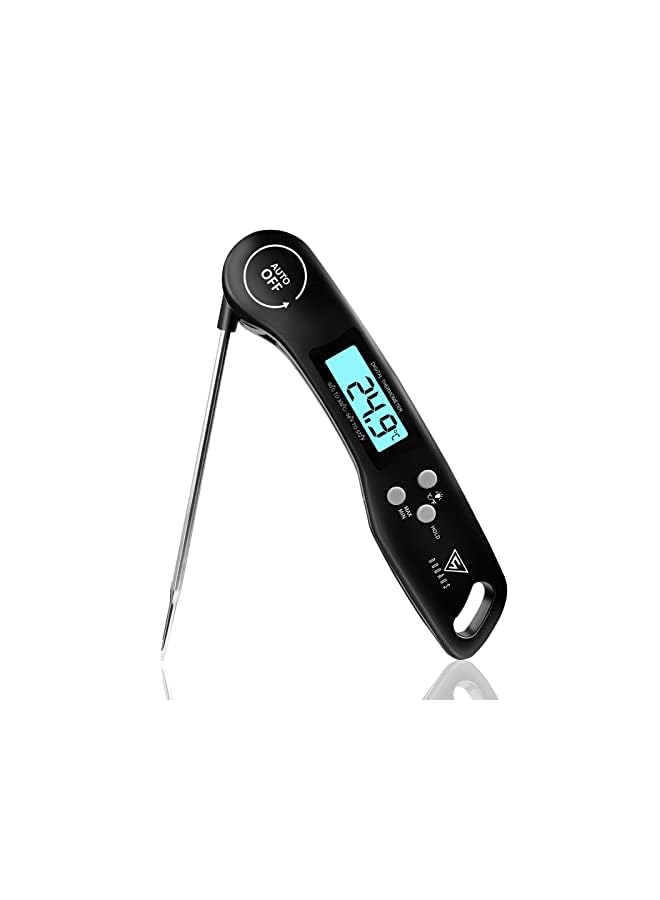 DOQAUS Digital Meat Thermometer, Instant Read Food Thermometer with Backlight LCD Screen, Foldable Long Probe & Auto On/Off, Meat Thermometer Probe for Kitchen, BBQ, Water, Milk, Cooking Food (Black)