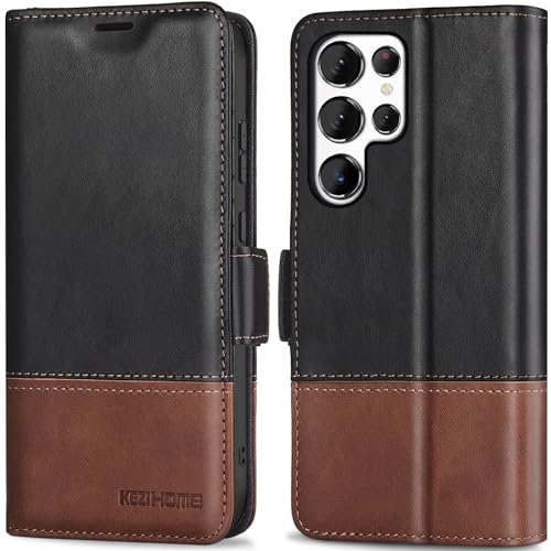 KEZiHOME for Samsung Galaxy S25 Ultra Case, Genuine Leather [RFID Blocking] Galaxy S25 Ultra Wallet Case, Card Slot Flip Magnetic Stand Phone Cover Compatible with Samsung S25 Ultra (Black/Brown) - Image 1