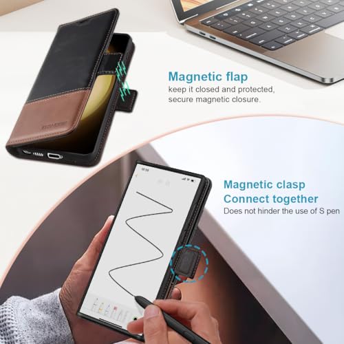 KEZiHOME for Samsung Galaxy S25 Ultra Case, Genuine Leather [RFID Blocking] Galaxy S25 Ultra Wallet Case, Card Slot Flip Magnetic Stand Phone Cover Compatible with Samsung S25 Ultra (Black/Brown) - Image 5