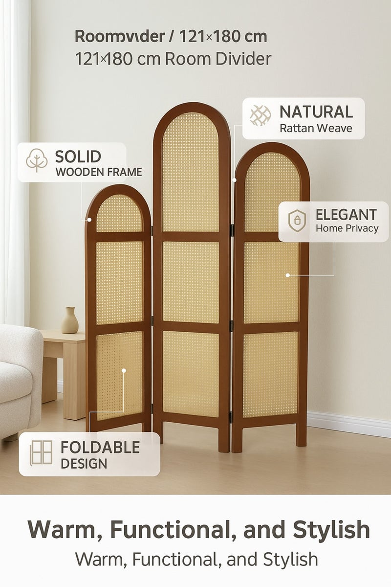 MARIA HOMES 3-Panel Rattan Room Divider with Brown Frame – 121×180 cm Elegant Arched Privacy Screen - Image 4