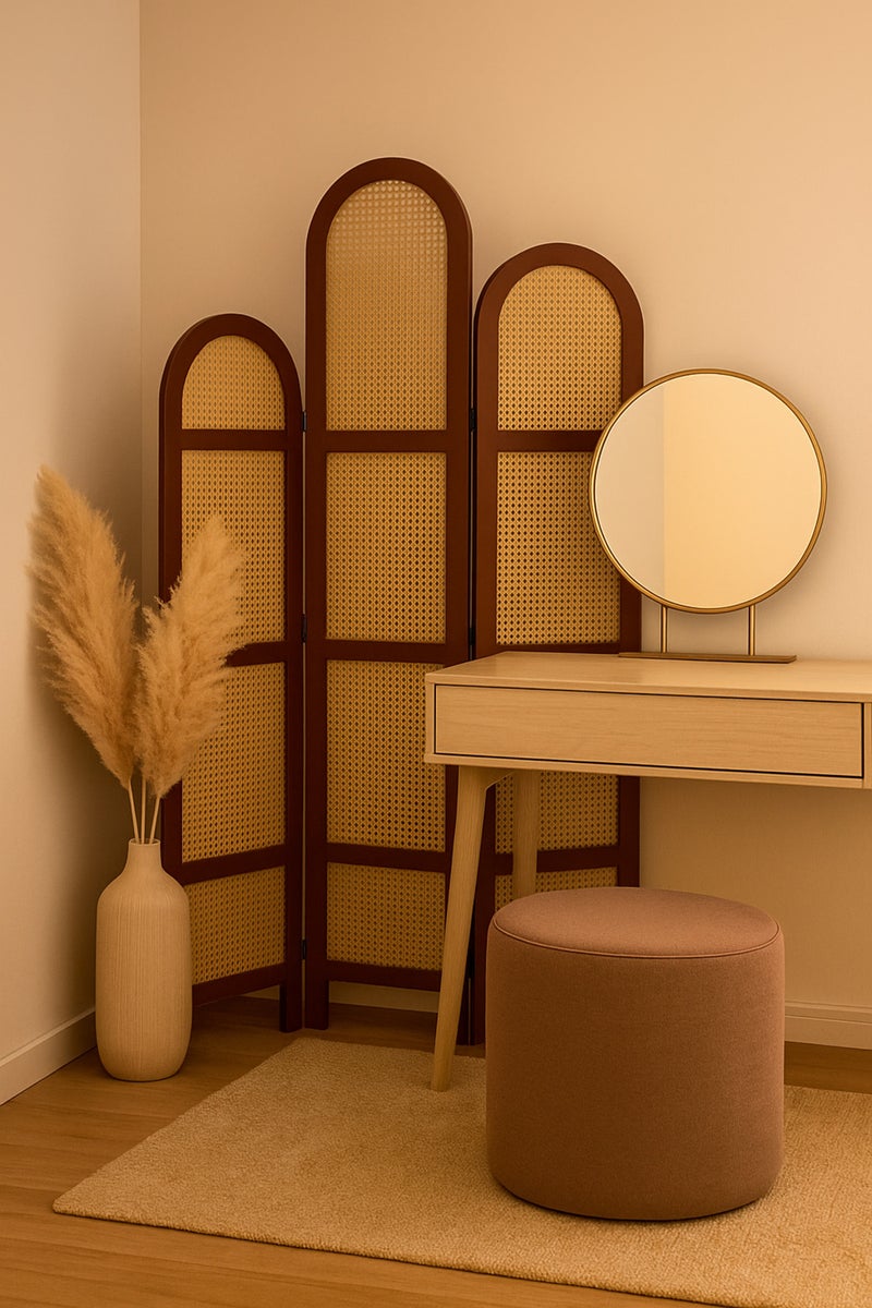 MARIA HOMES 3-Panel Rattan Room Divider with Brown Frame – 121×180 cm Elegant Arched Privacy Screen - Image 2