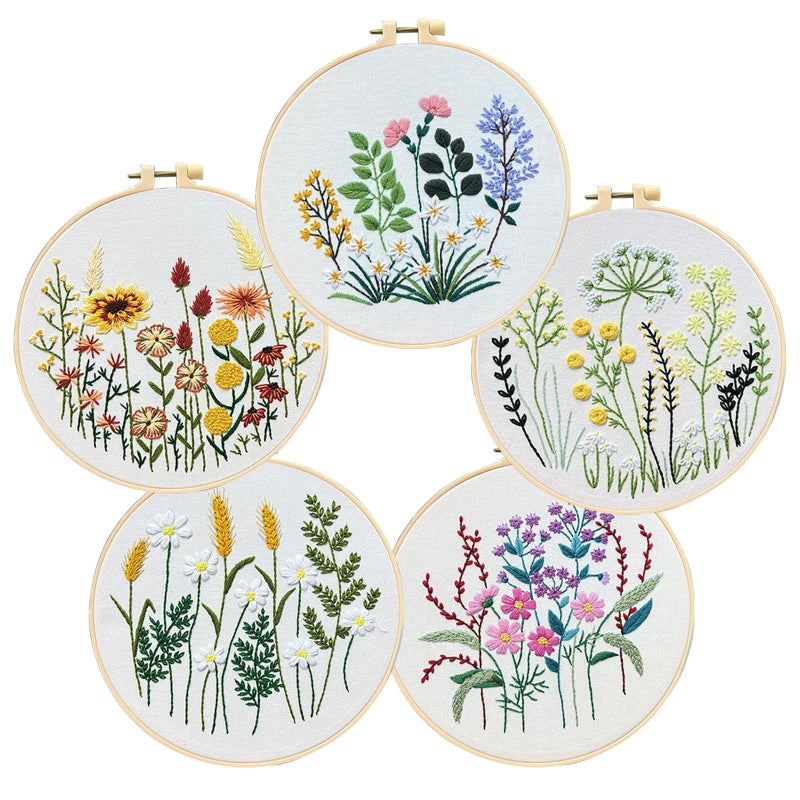 COCOMOX 5 Sets Floral Embroidery Practice Kits, Flower Pattern Embroidery Kit for Beginners Adults, Hand Embroidery Kit for Kids, Easy to Follow Instruction and Video - Image 1