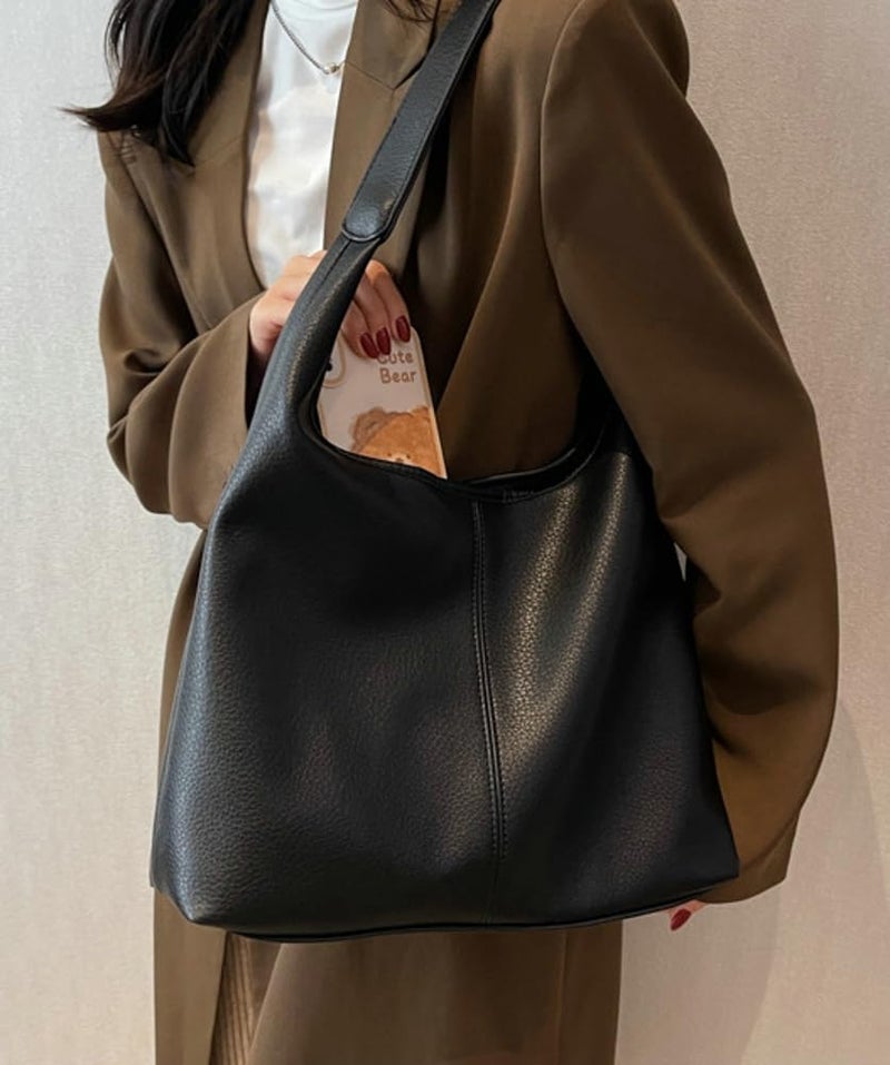 Bagkeak Retro Shoulder Bag Slouchy Tote Bag for Women Soft Leather Handbags Work Purse Ladies Top Handle Bag Large Capacity 2Pcs - Image 3