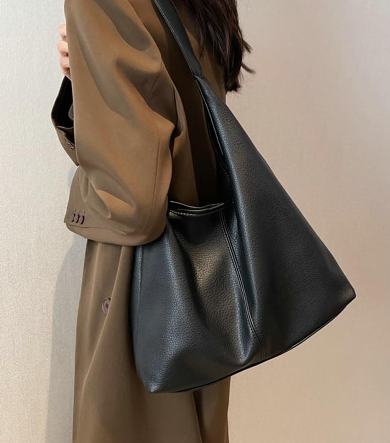 Bagkeak Retro Shoulder Bag Slouchy Tote Bag for Women Soft Leather Handbags Work Purse Ladies Top Handle Bag Large Capacity 2Pcs - Image 5