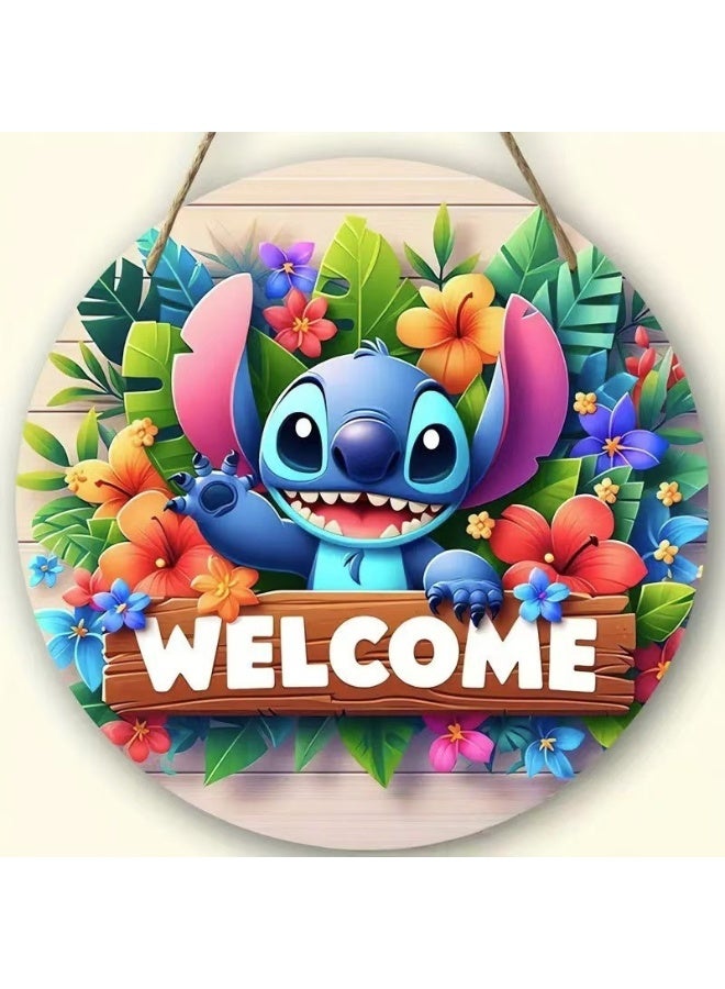 ILovhaprty Lilo & Stitch Wooden Welcome Sign for Front Door – 20×20 cm Round Hanging Plaque with Strong Rope, Ohana Family Quote Wall Decor for Home, Porch, Bedroom & Entryway - Image 1