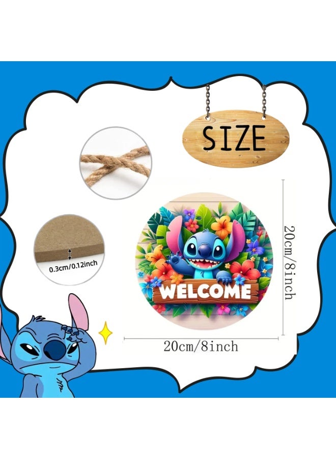 ILovhaprty Lilo & Stitch Wooden Welcome Sign for Front Door – 20×20 cm Round Hanging Plaque with Strong Rope, Ohana Family Quote Wall Decor for Home, Porch, Bedroom & Entryway - Image 2