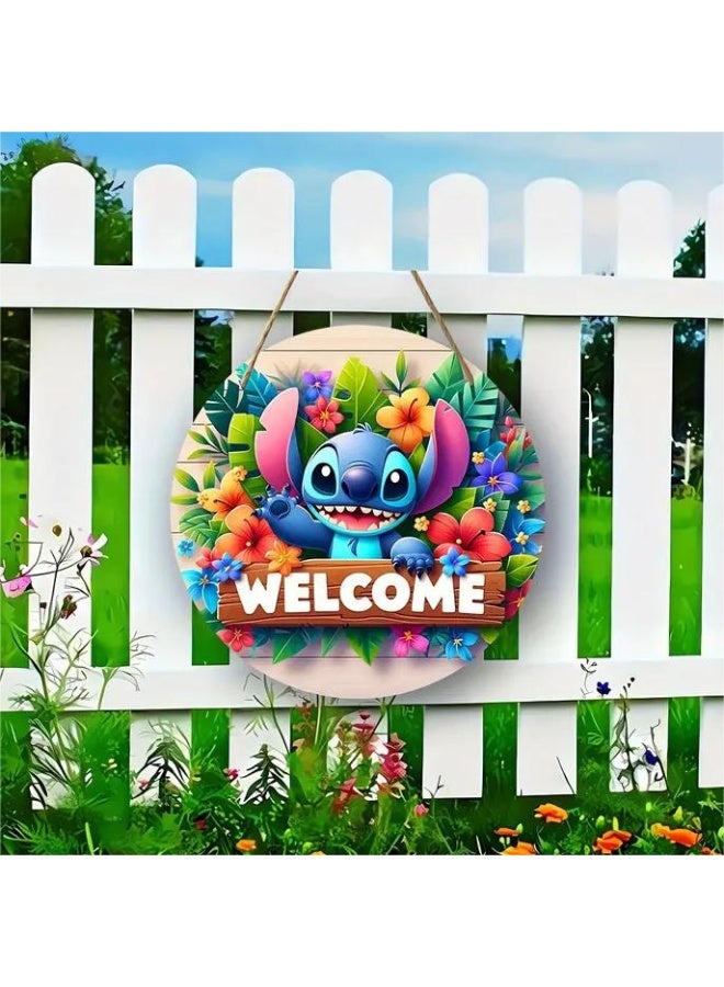 ILovhaprty Lilo & Stitch Wooden Welcome Sign for Front Door – 20×20 cm Round Hanging Plaque with Strong Rope, Ohana Family Quote Wall Decor for Home, Porch, Bedroom & Entryway - Image 3