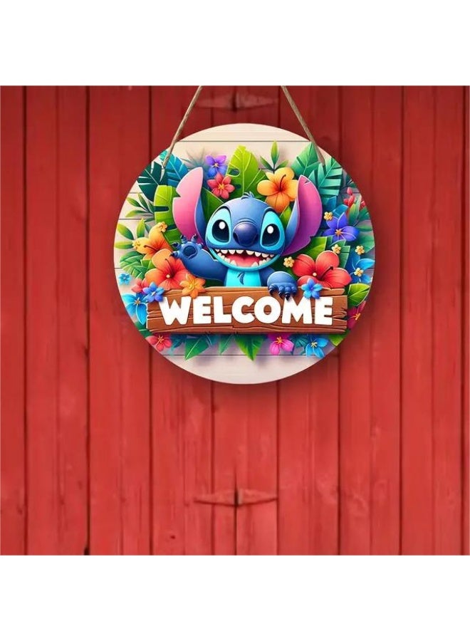 ILovhaprty Lilo & Stitch Wooden Welcome Sign for Front Door – 20×20 cm Round Hanging Plaque with Strong Rope, Ohana Family Quote Wall Decor for Home, Porch, Bedroom & Entryway - Image 4