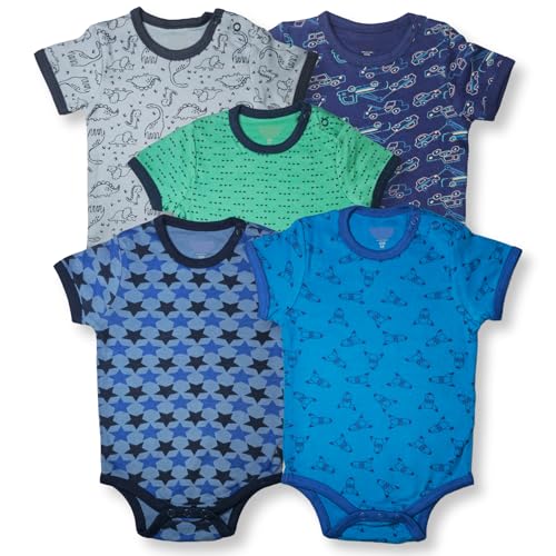 TuddyBuddy 100% Cotton Romper/Bodysuit/Top for Baby Boys (6 Months-9 Months, Pack of 5 Short Sleeves Rompers) - Image 1