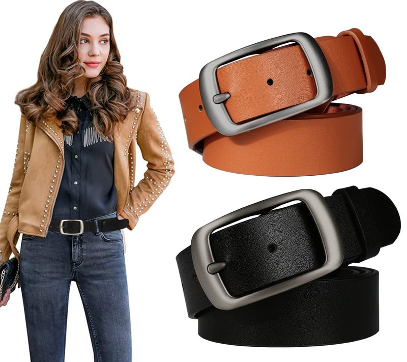 Ssumday 2 Pack Women's Girl Female Ladies Black Brown Waist Leather Belts for Jeans Pants Dress Dresses with Fashion Pin Buckle(RZKBR-L) - Image 1