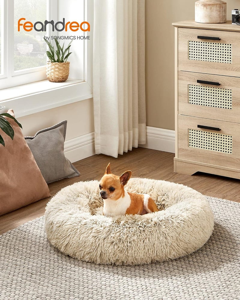 Feandrea Dog Bed, Donut Cat Bed, Fluffy Calming Pet Bed with Removable, Washable Cover, Soft Long Plush, 60 cm, Khaki - Image 2
