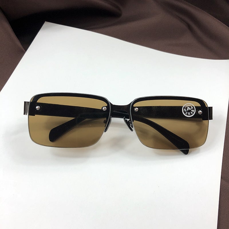 Half-Frame Perforated Sunglasses For Men, Square Crystal Glass Sunglasses, Crystal Glasses, Sunshade Screws, E-Commerce Style - Image 4