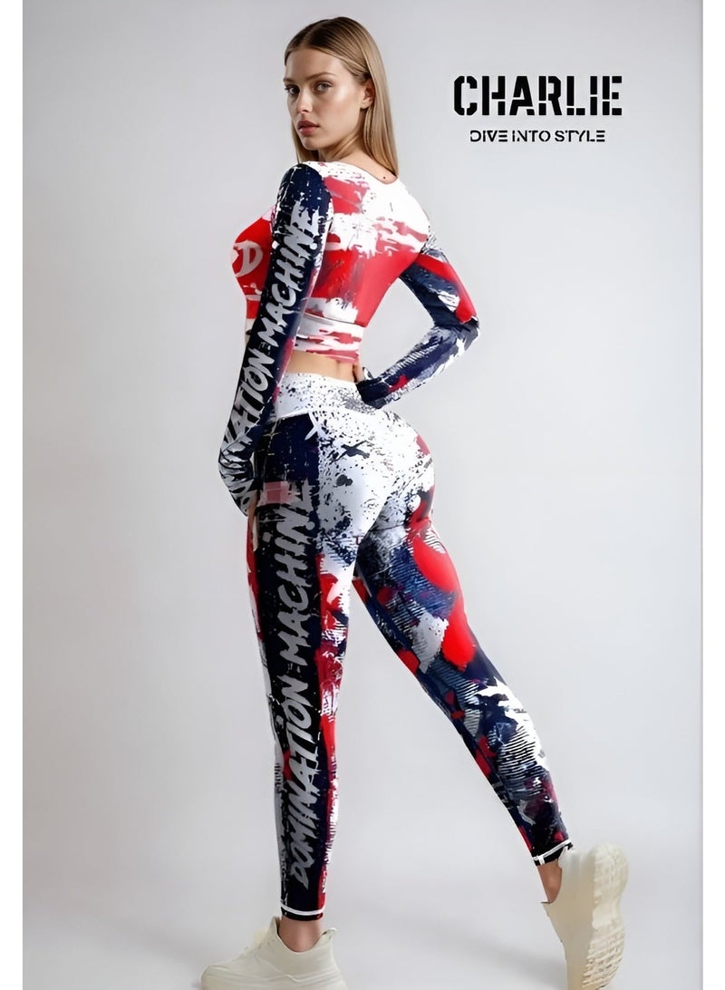 شارلي طقم رياضي نسائي حصري مكون من قطعتين - توب رياضي قصير مطبوع باللونين الأحمر والأبيض وبنطال ضيق بخصر عالٍ - ملابس رياضية، ملابس رياضية، يوغا وملابس رياضية - مقاس متوسط - الكمية محدودة - Image 3