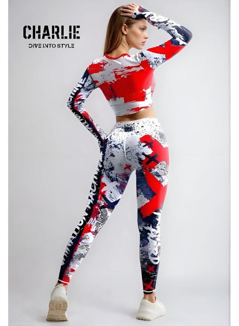 شارلي طقم رياضي نسائي حصري مكون من قطعتين - توب رياضي قصير مطبوع باللونين الأحمر والأبيض وبنطال ضيق بخصر عالٍ - ملابس رياضية، ملابس رياضية، يوغا وملابس رياضية - مقاس متوسط - الكمية محدودة - Image 4