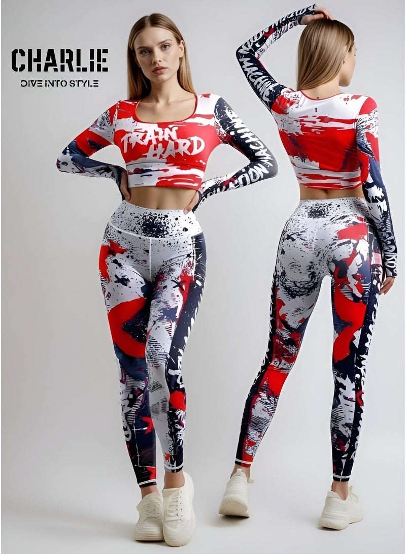 شارلي طقم رياضي نسائي حصري مكون من قطعتين - توب رياضي قصير مطبوع باللونين الأحمر والأبيض وبنطال ضيق بخصر عالٍ - ملابس رياضية، ملابس رياضية، يوغا وملابس رياضية - مقاس متوسط - الكمية محدودة - Image 1