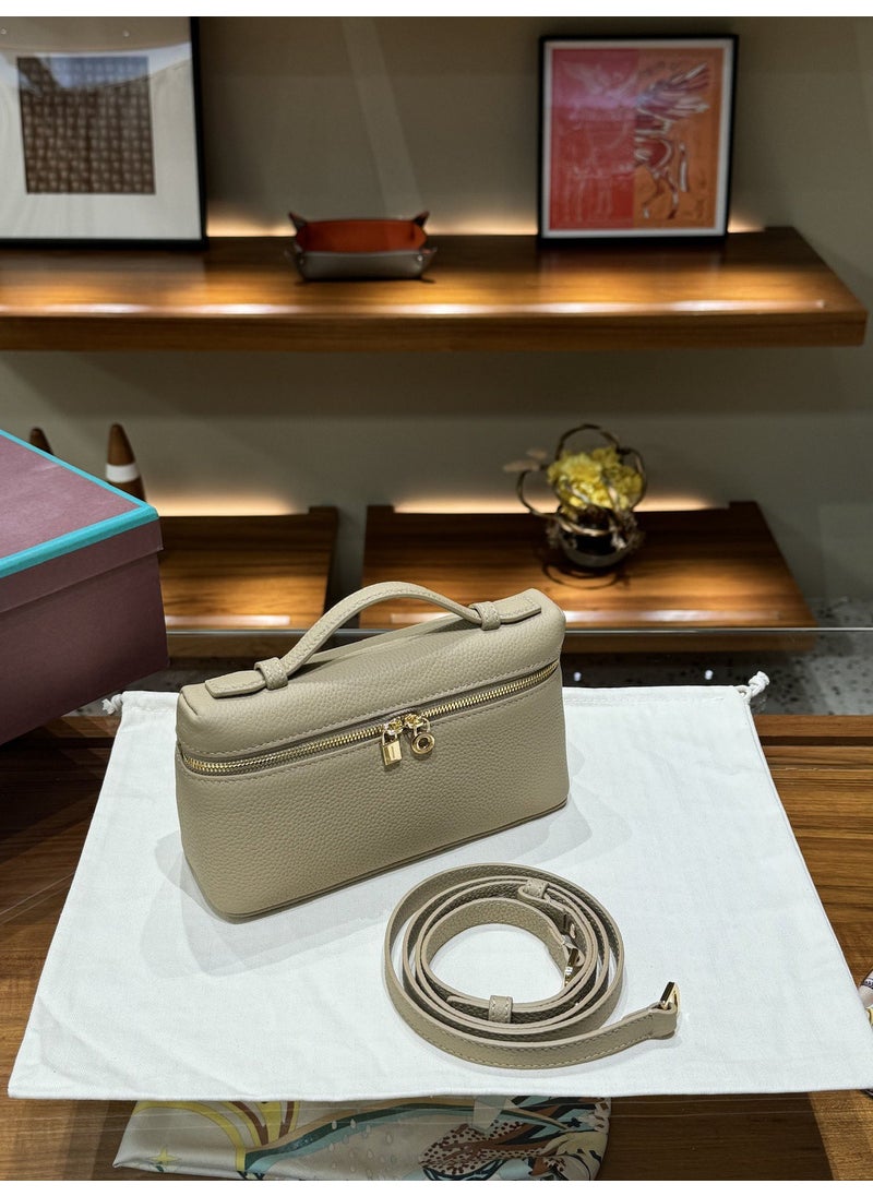 Generic - LP19 Genuine Leather Gigi Bag Lunchbox Style Womens Handbag Milk tea color lychee pattern first layer cowhide - Image 1