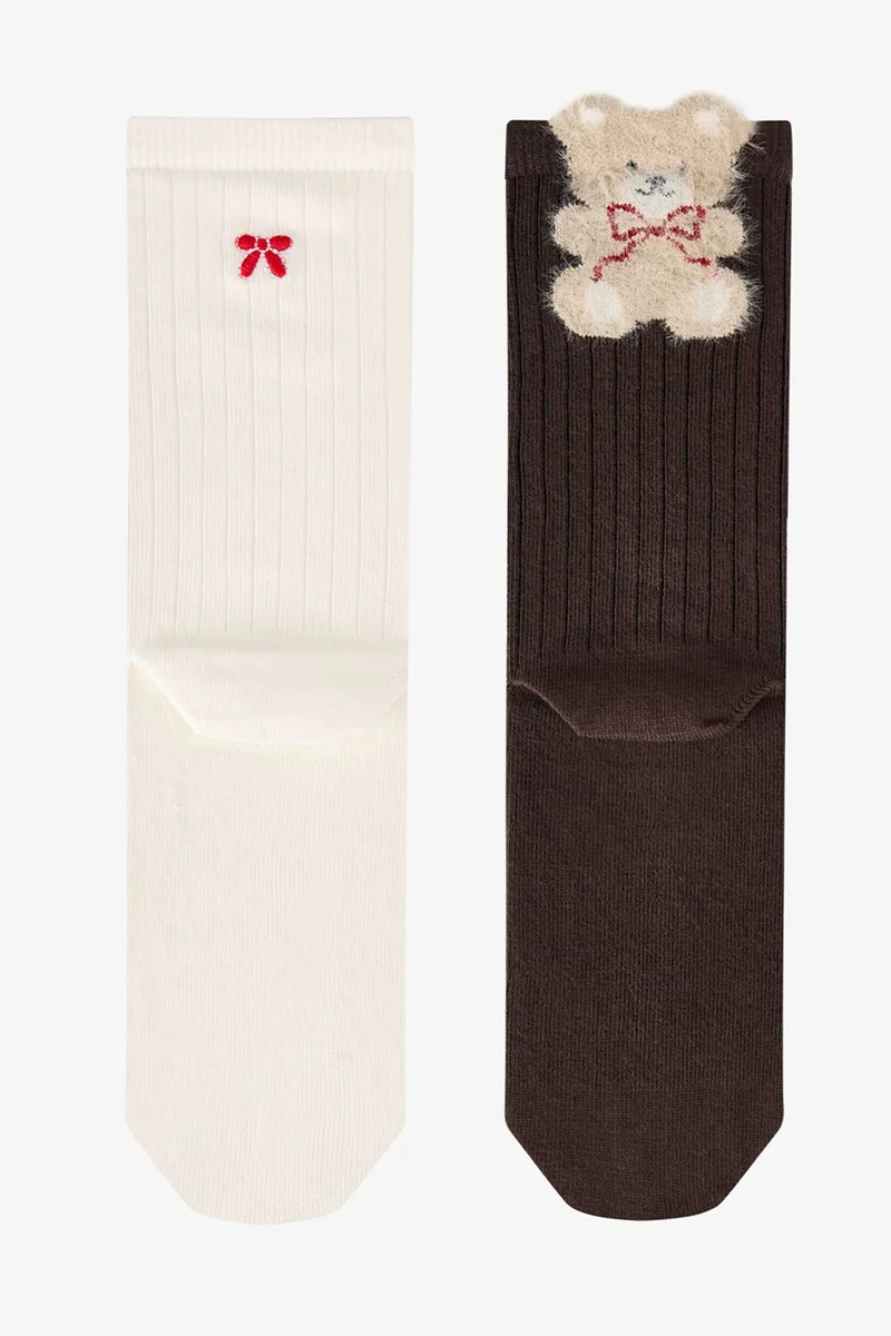 بنتي PENTI Fluffy Ribbon Bear Cotton Pair Crew Socks